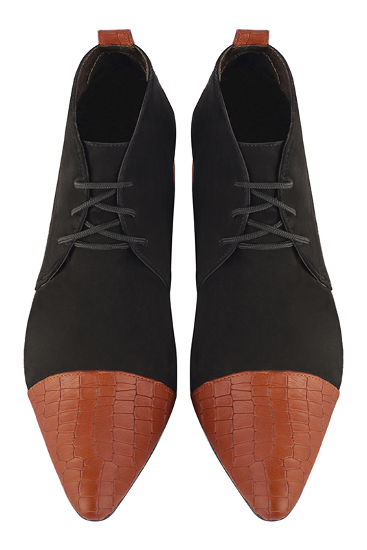 Women's terracotta orange and matt black elegant ankle boots, with laces at the front. Tapered toe. Low flare heels - Top view